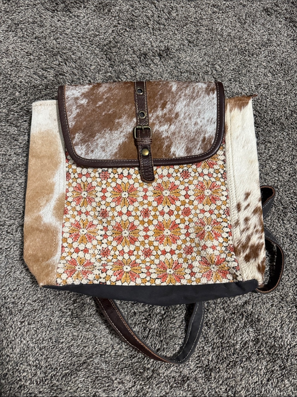Myra Brown and Cream Floral and Cowhide Backpack